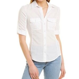 James Perse Standard White Cotton Button Front Shirt Ribbed Panel Size 2 Medium